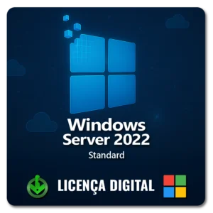 Licença digital do Windows Server 2022 Standard — imagem promocional com fundo azul, logotipo do Windows e ícones de nuvem ative aqui
