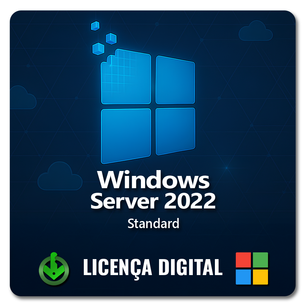 Licença digital do Windows Server 2022 Standard — imagem promocional com fundo azul, logotipo do Windows e ícones de nuvem ative aqui