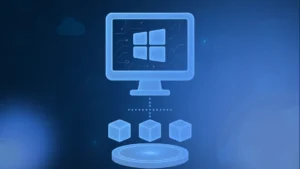 Tela holográfica com logotipo do Windows conectada a blocos de virtualização digital em fundo azul.